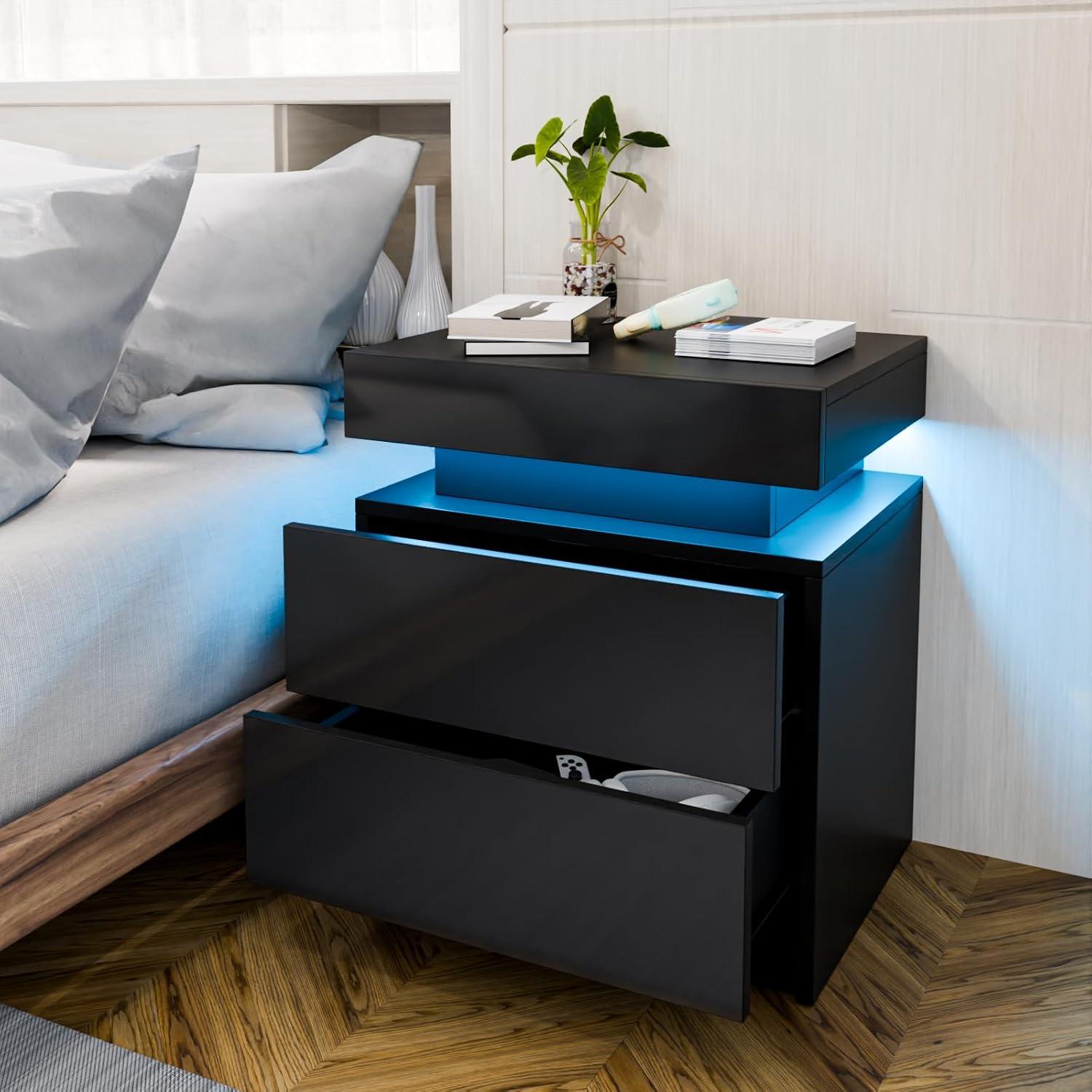 Black High Gloss LED Nightstand with 2 Drawers