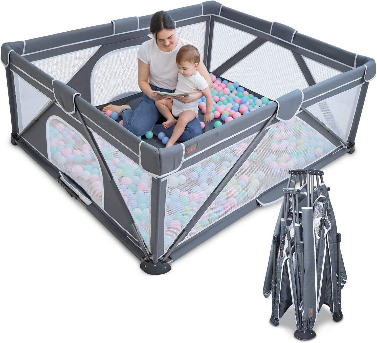 Yobear Foldable Baby Playpen, Yobear Playpen For Babies And Toddlers With 50 Pcs Ocean Balls & 2 Handles, Indoor & Outdoor Kids Safety Play Pen Area, Portable Travel Play Yard