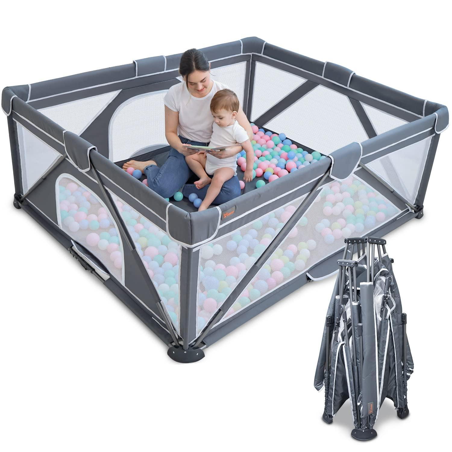 Yobear Foldable Baby Playpen, Yobear Playpen For Babies And Toddlers With 50 Pcs Ocean Balls & 2 Handles, Indoor & Outdoor Kids Safety Play Pen Area, Portable Travel Play Yard