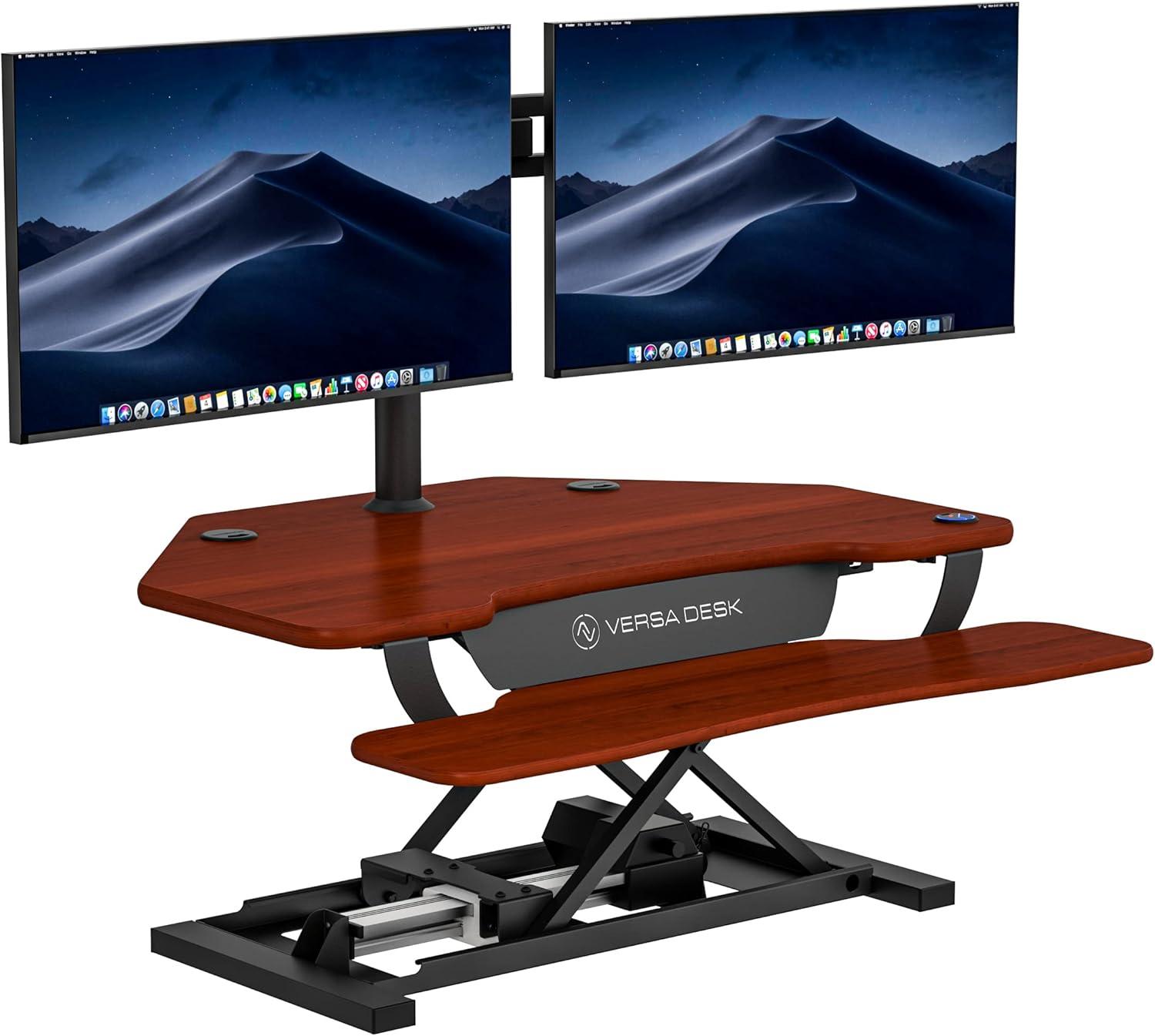 Cherry Electric Height Adjustable Standing Desk Converter with Laminate Finish