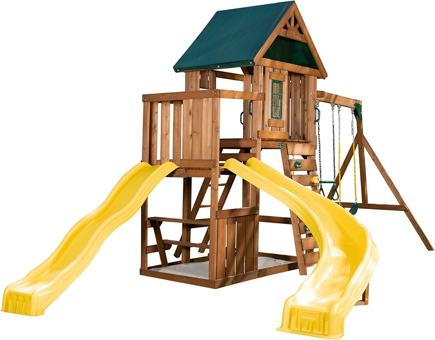 Swing-N-Slide Castlebrook Wooden Backyard Swing Set with Wave Slide, Curved Slide, Climbing Wall, and Swings