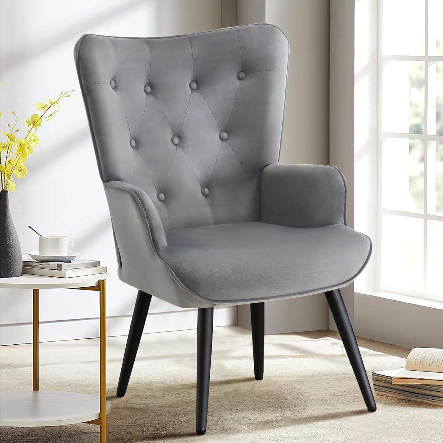 Furniliving Button-Tufted Wingback Chair Velvet Accent Chair,Grey