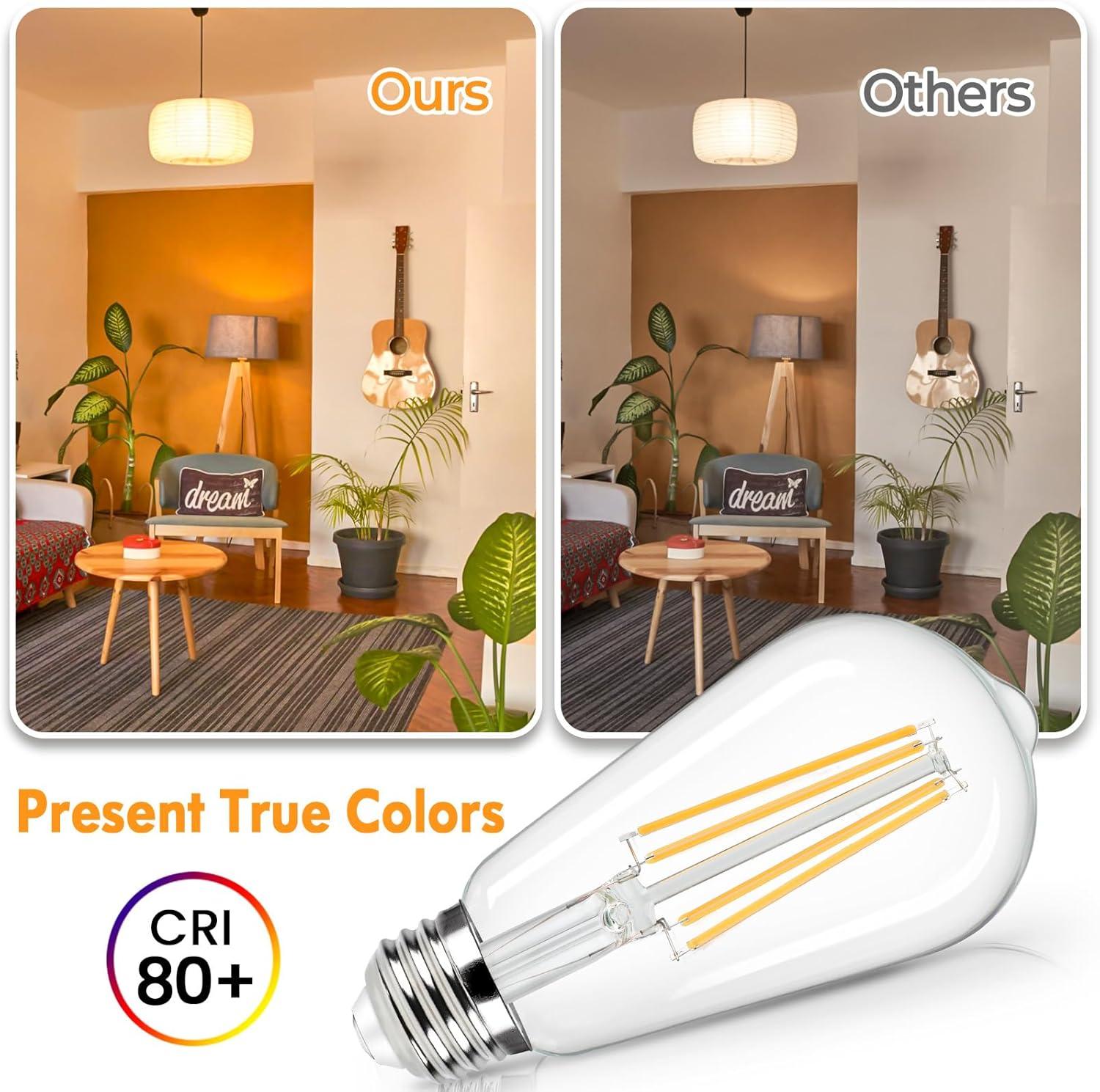 KY Vintage LED Edison Bulbs 6W, Equivalent 60W Incandescent, Warm White 2700K, ST58 Antique LED Filament Bulbs with 90+ CRI, E26 Medium Base,Dimmable, Clear Glass, Pack of 6