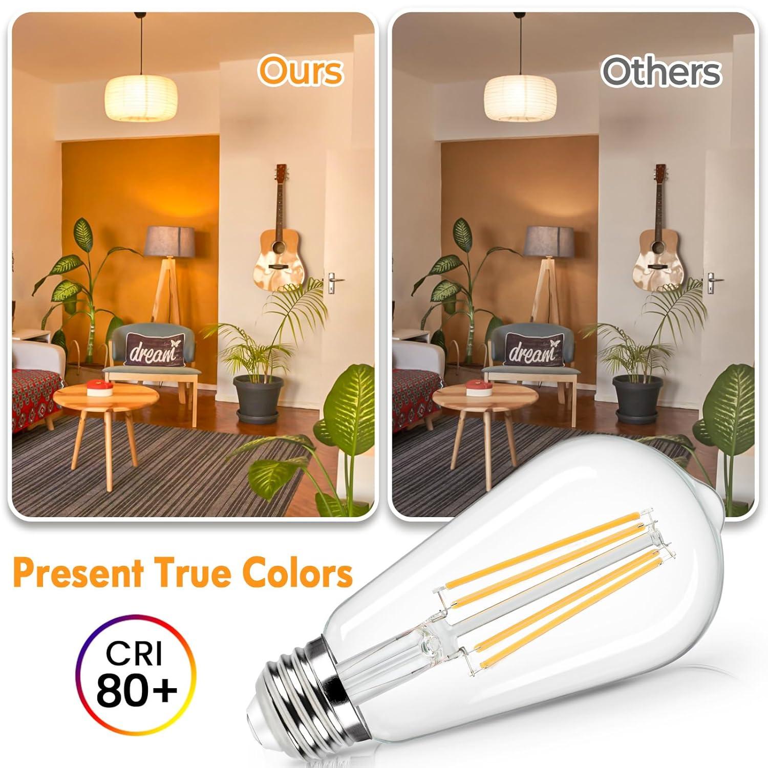 KY Vintage LED Edison Bulbs 6W, Equivalent 60W Incandescent, Warm White 2700K, ST58 Antique LED Filament Bulbs with 90+ CRI, E26 Medium Base,Dimmable, Clear Glass, Pack of 6