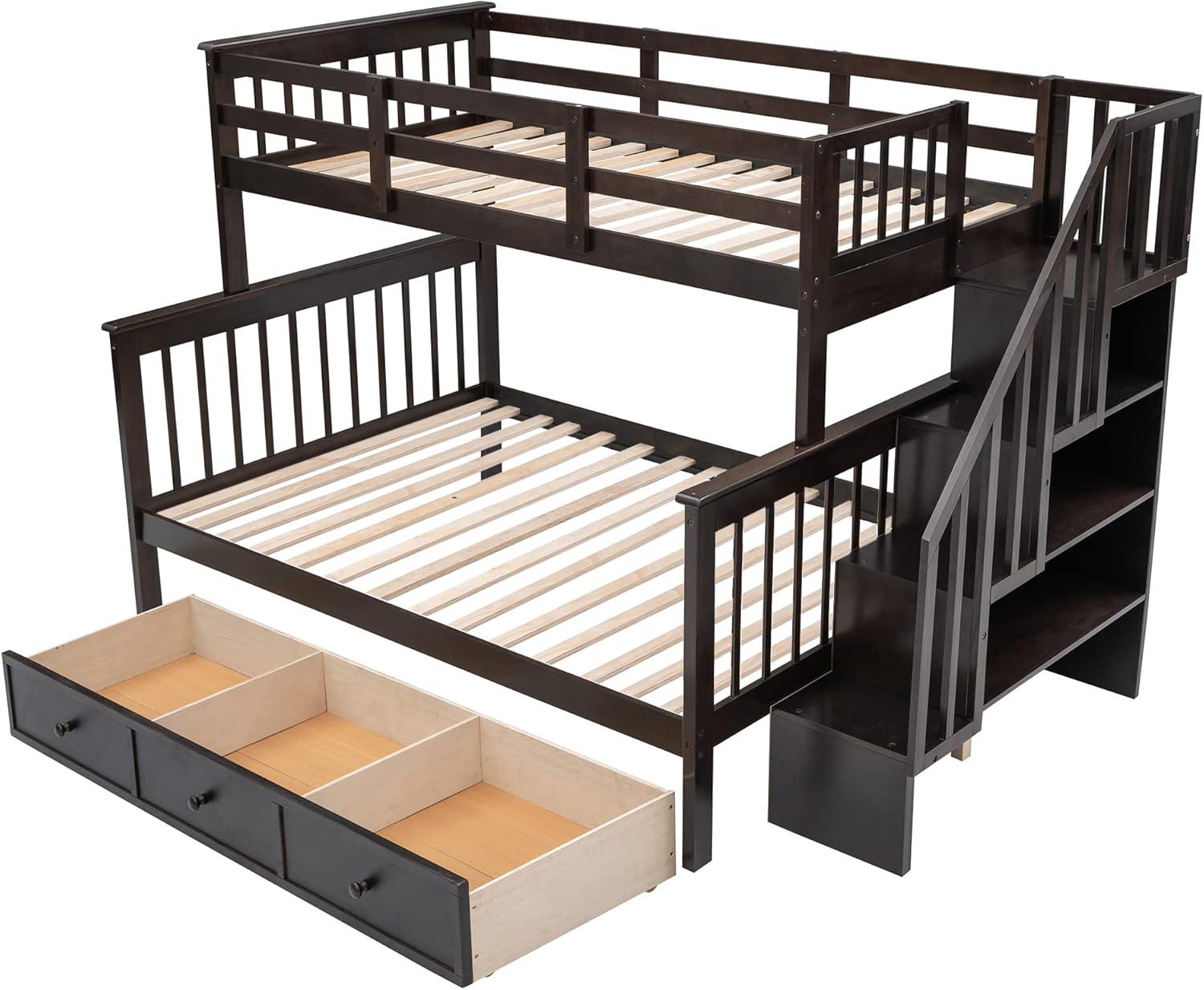 Twin Over Full Bunk Bed Frame With Storage Drawers, Shelves, Guardrails and Stairs for Kids, Teens and Adults - Espresso