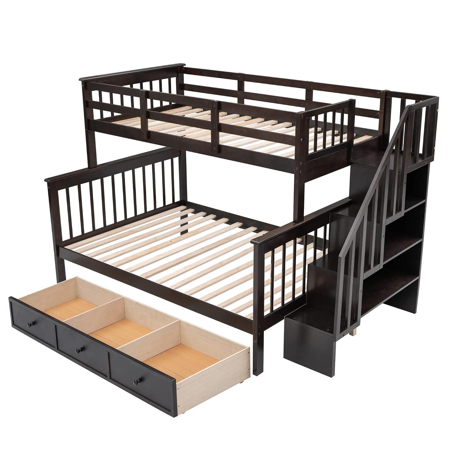 Twin Over Full Bunk Bed Frame With Storage Drawers, Shelves, Guardrails and Stairs for Kids, Teens and Adults - Espresso