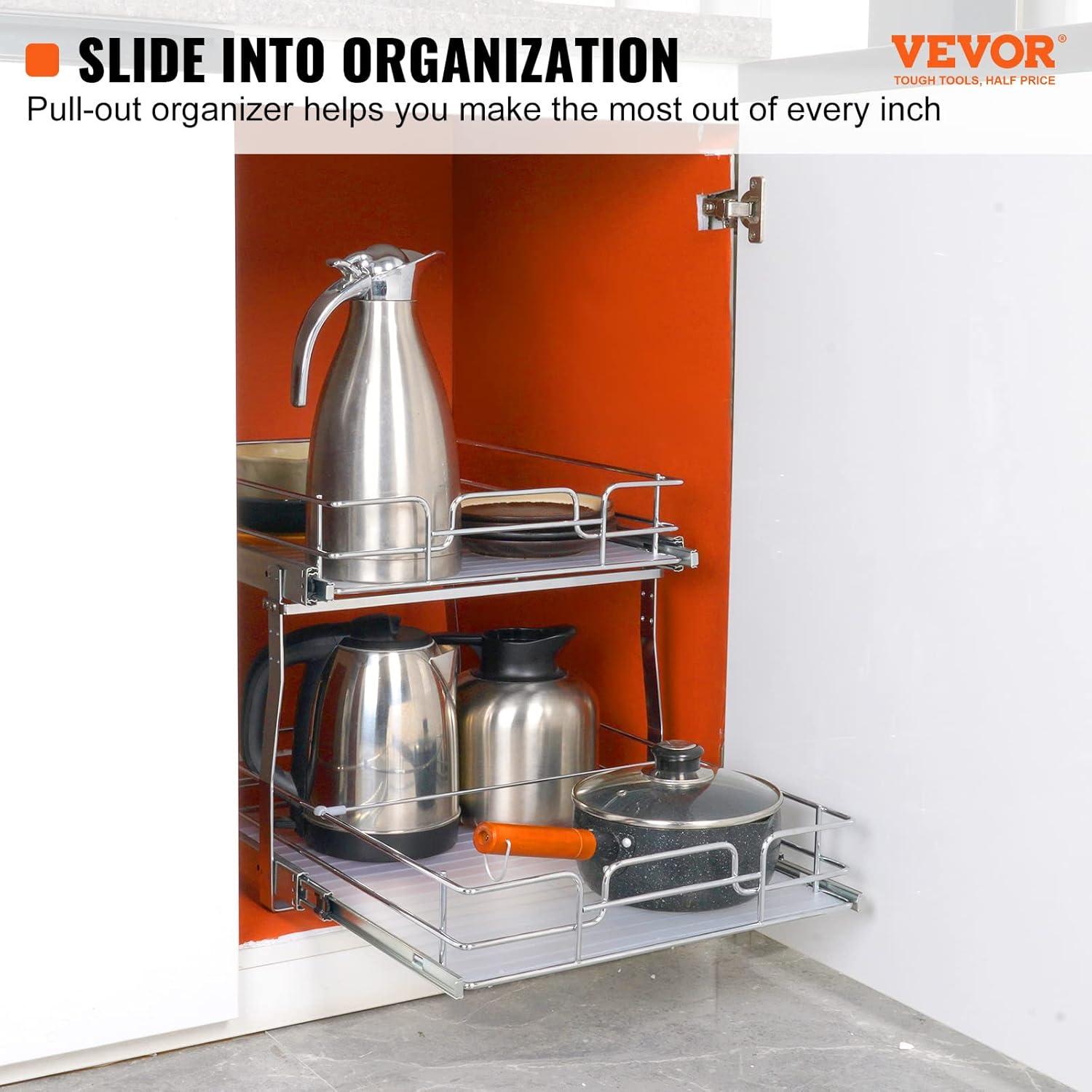 VEVOR 2 Tier Pull Out Cabinet Organizer(10.7"W x 14.2"D ), Under Sink Organizer and Storage, Slide Out Drawer Cabinet Organizer, Wire Basket Sliding Shelf for Kitchen Bathroom Cabinet, Black (2 Pack)