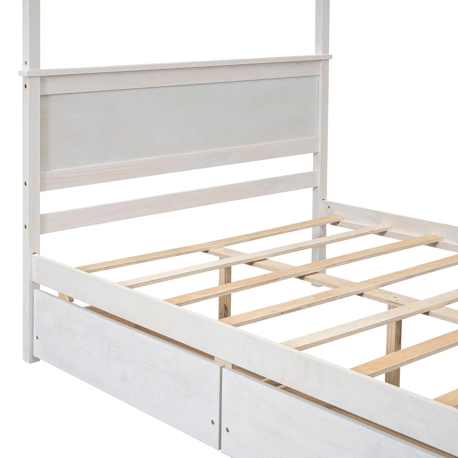 CITYLIGHT Full Size Canopy Bed with 2 Storage Drawers, Wooden Canopy Platform Bed with Headboard, Four Post Bed (Brushed White)