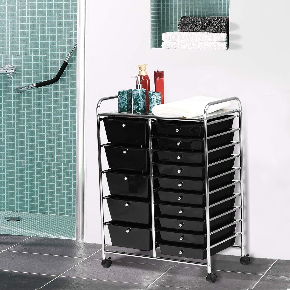 15-drawer Utility Organizer Rolling Cart with Wheels Black