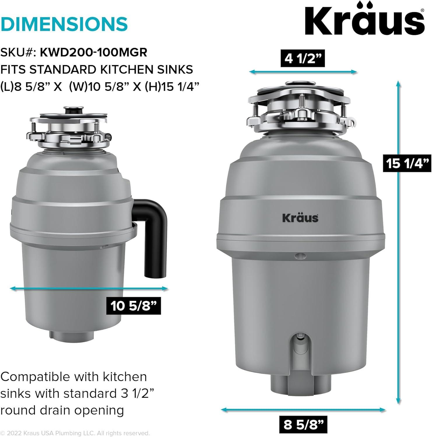 Kraus KRAUS Wasteguard High-Speed 1 HP Continuous Feed Ultra-Quiet Motor Garbage Disposal With Power Cord And Flange Included And Universal Mount, KWD200-100MGR