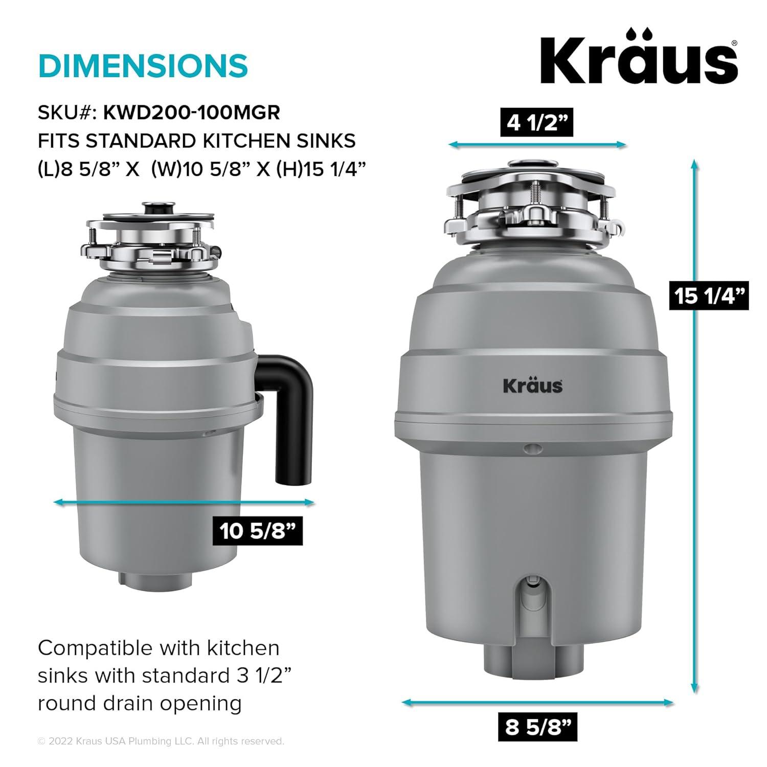 Kraus KRAUS Wasteguard High-Speed 1 HP Continuous Feed Ultra-Quiet Motor Garbage Disposal With Power Cord And Flange Included And Universal Mount, KWD200-100MGR