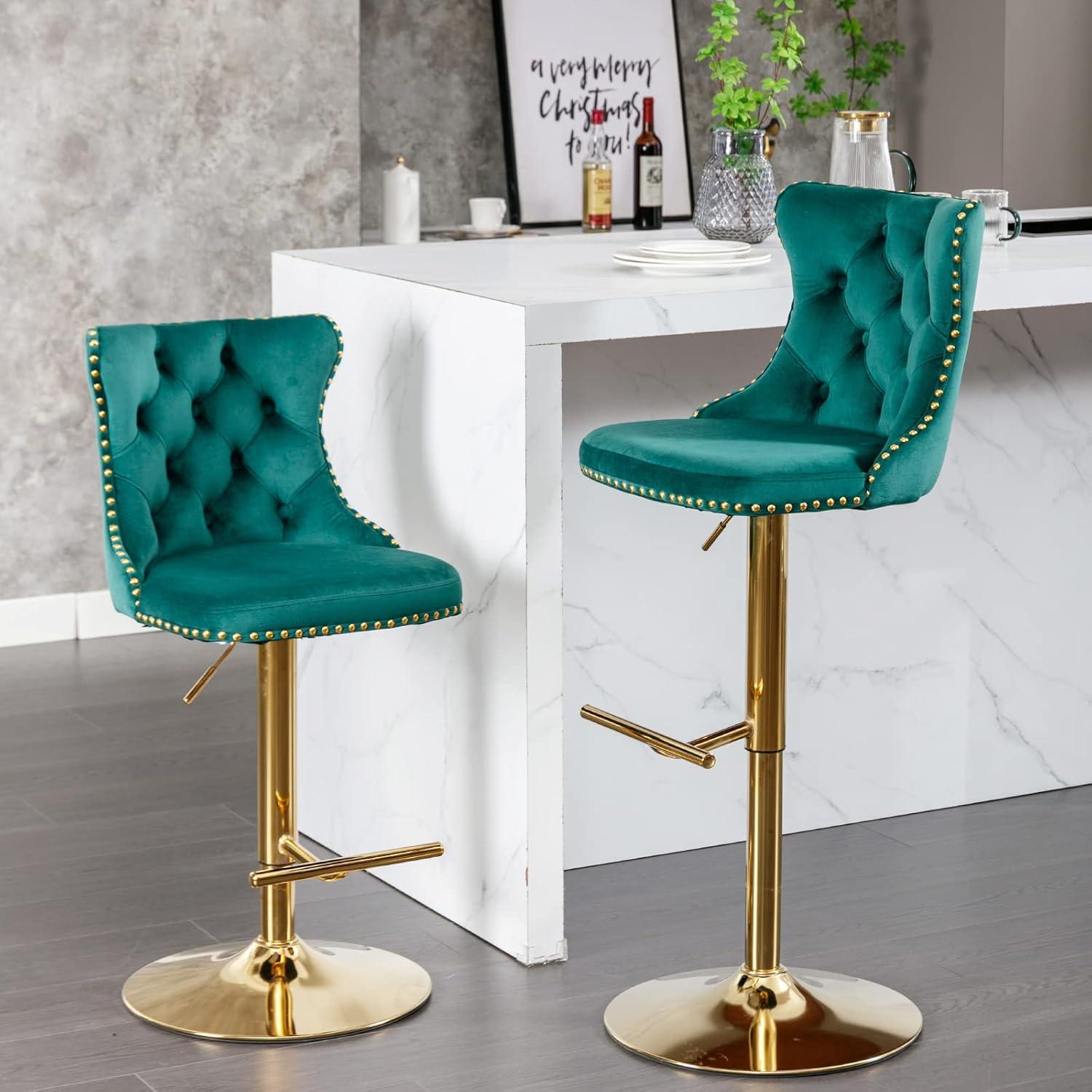 Swivel Counter Height Bar Stools Set of 2, Green Kitchen Island Barstools, Velvet Adjustable Bar Height Stool Chairs, Tufted Back, Gold Metal Base, Sillas para Barra de Cocina (Green, Velvet, 2 Pcs)