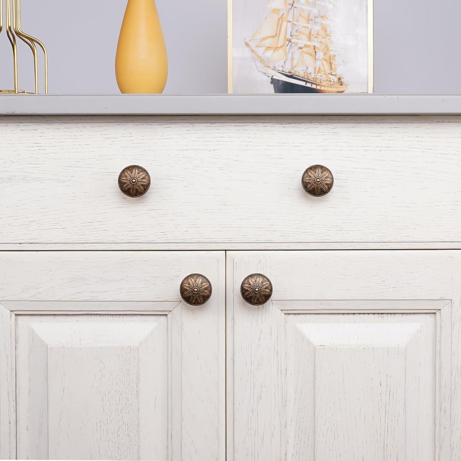 10 Pack Antique Brass Cabinet Knobs Vintage,1.4" Decorative Vintage Cabinet Hardware Handles for Cabinets and Drawers, Brass Kitchen Cabinet knobs Dresser Knobs Drawer Pulls