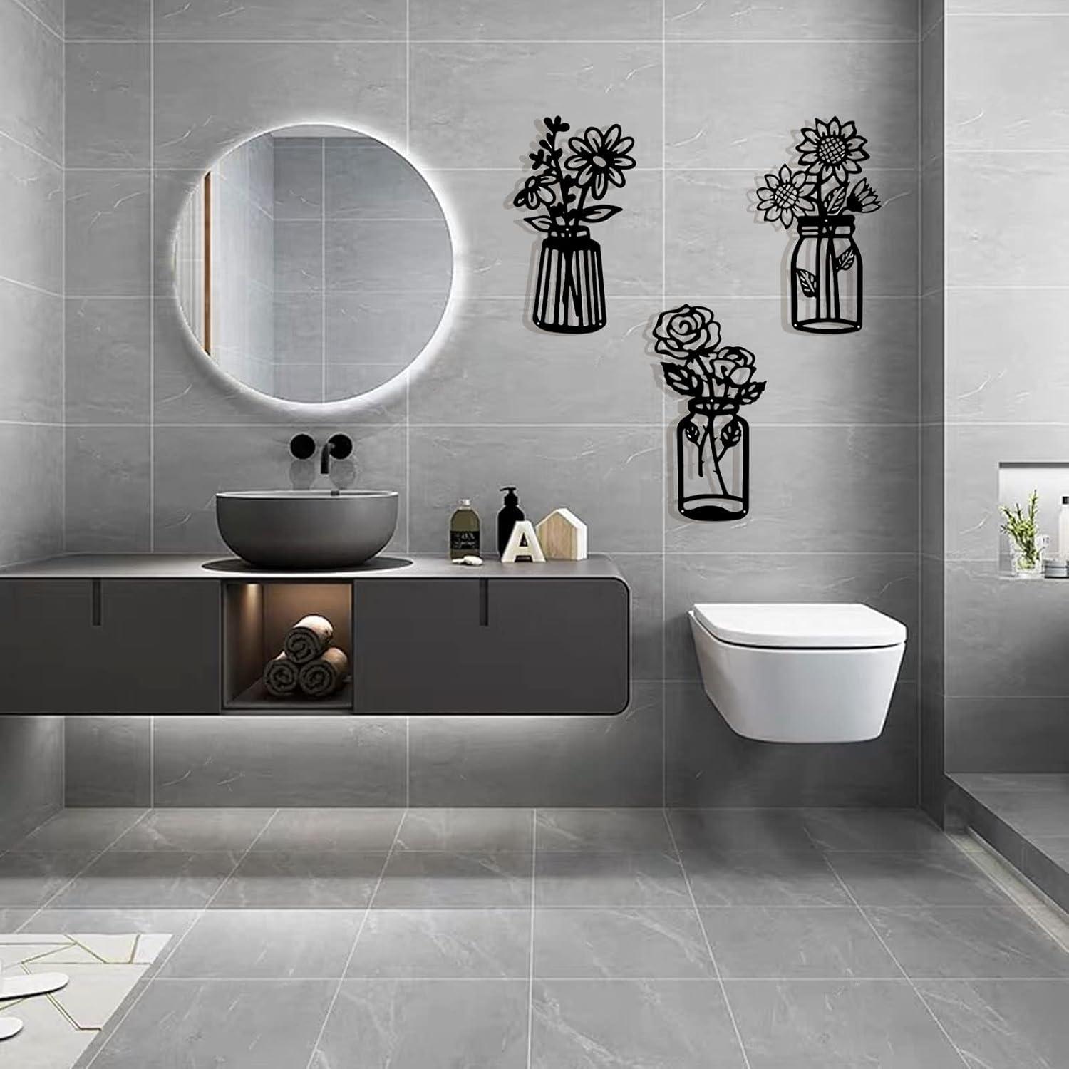 3 Pieces Black Metal Flowers Wall Decor Vase Art Sculptures Hanging for Indoor Kitchen Bathroom Dining Room Patio, 14.56x7.48 Inches