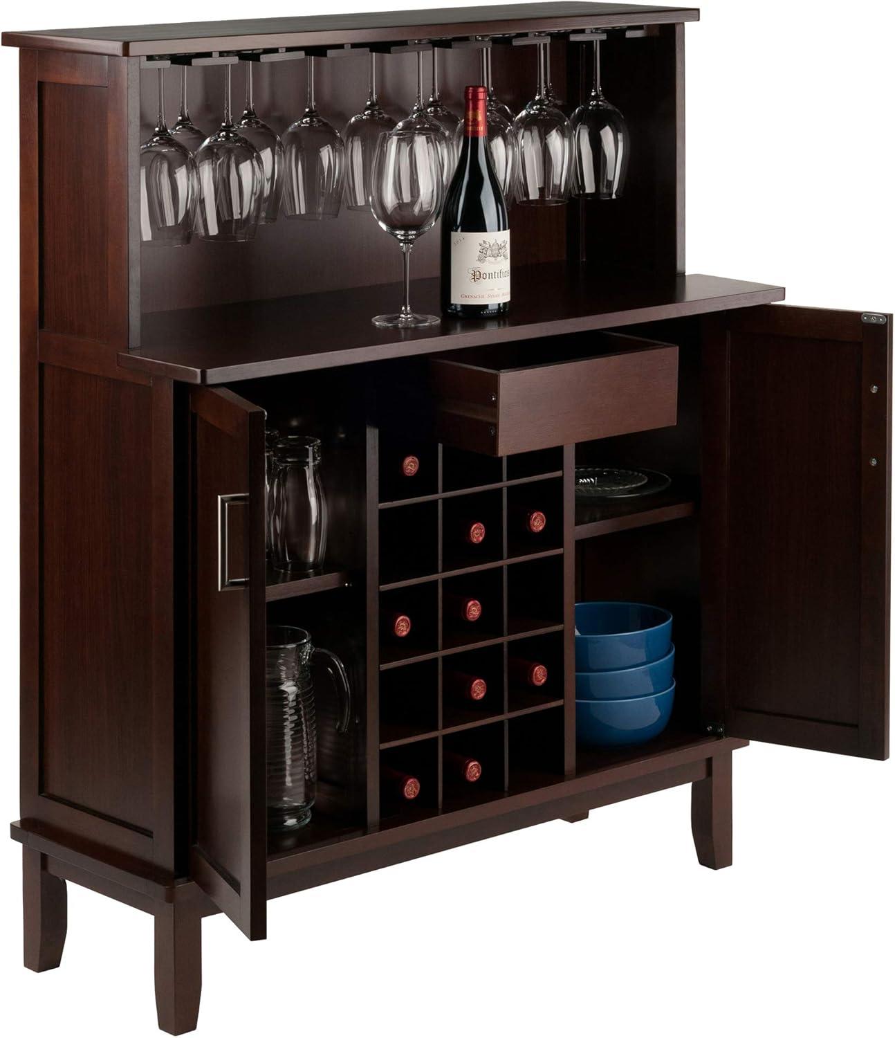 Beynac Wine Bar Cappuccino - Winsome: Storage Cabinet, Stemware Rack, Buffet Hutch