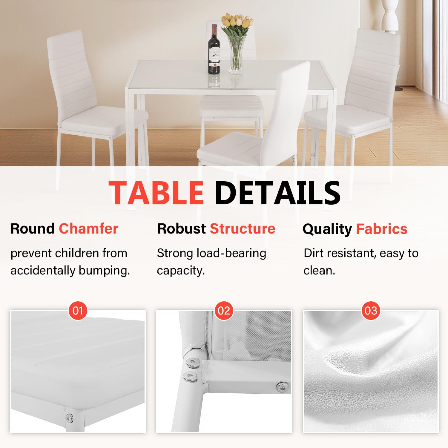 FDW Dining Table Set 5 Piece Dining Room Table Set with 4 Leather Chairs (White Glass)