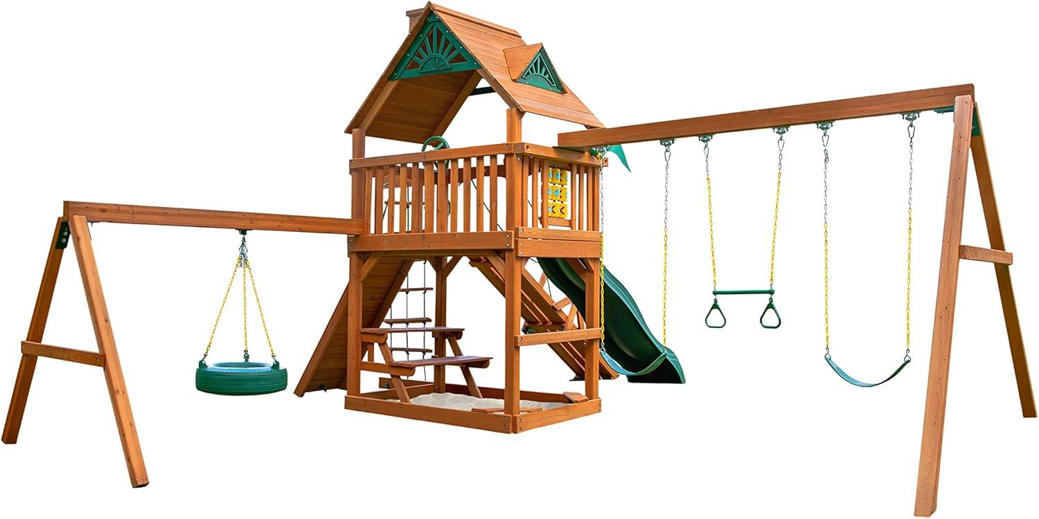 Gorilla Playsets Frontier Wooden Swing Set with Tire Swing, 2 Belt Swing, and Built-in Picnic Table