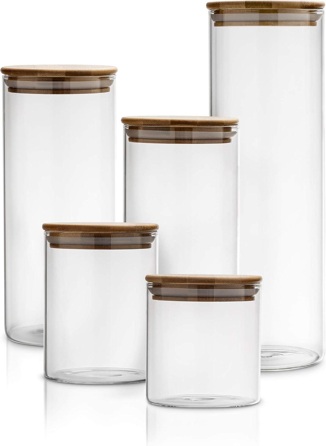 Set of 5 Clear Glass Kitchen Canisters with Bamboo Lids