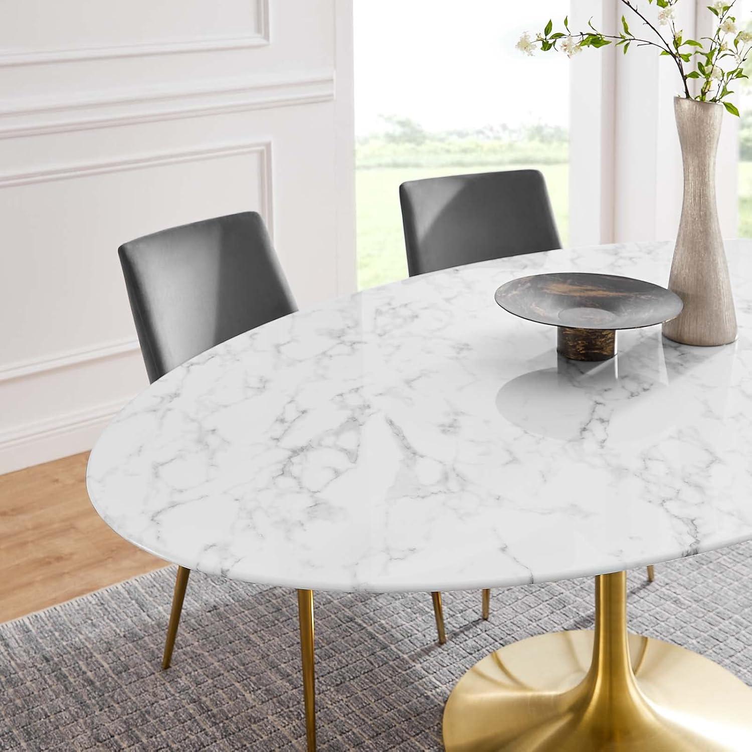 Lippa 78" Oval White Marble Dining Table with Gold Base