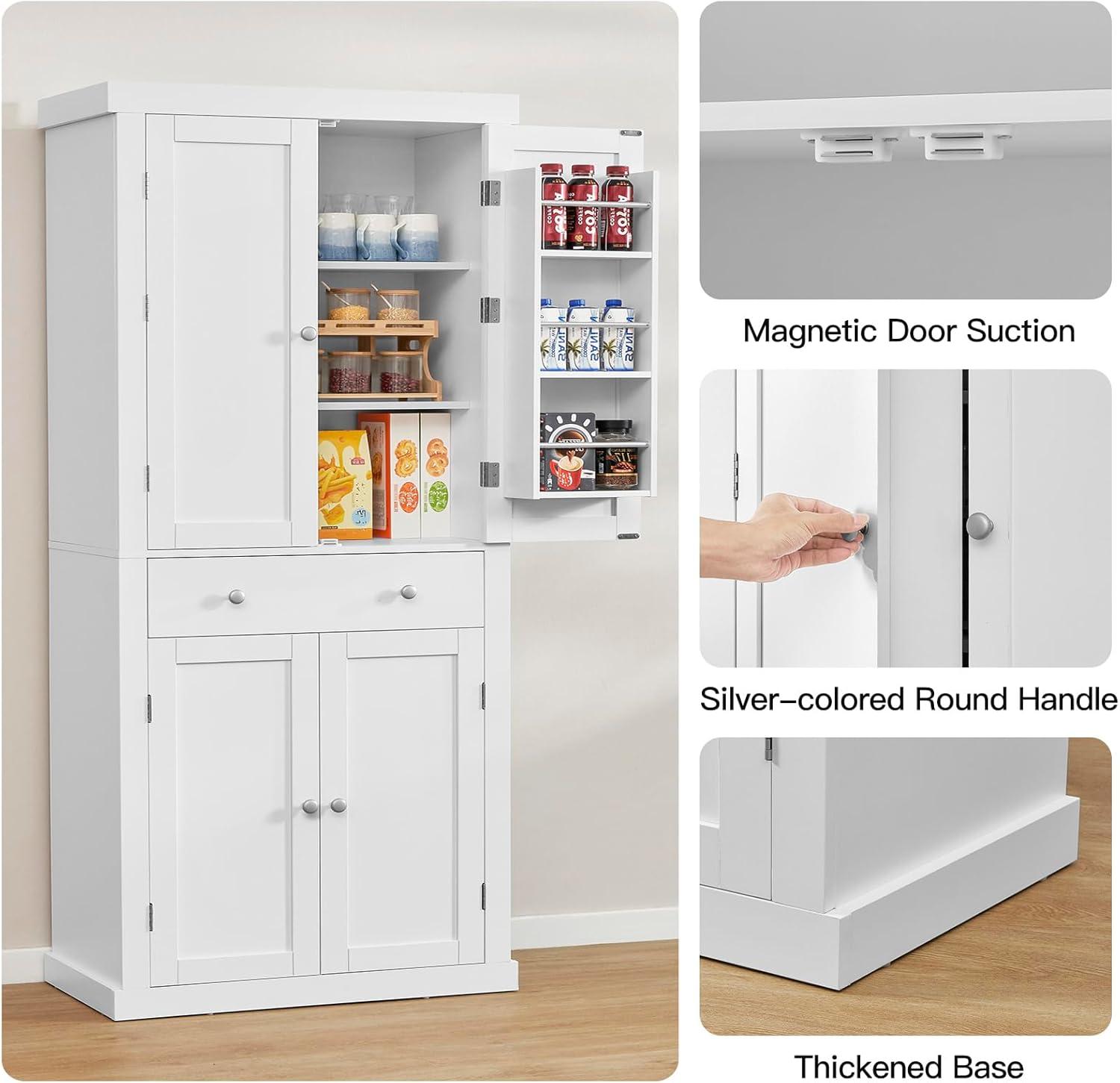 usikey 72” Pantry Cabinet, Tall Kitchen Storage Cabinet with 4 Doors and 1 Drawer, Cupboard with 6 Hanging Shelves and Adjustable Shelves for Kitchen, Dining Room, Living Room, White