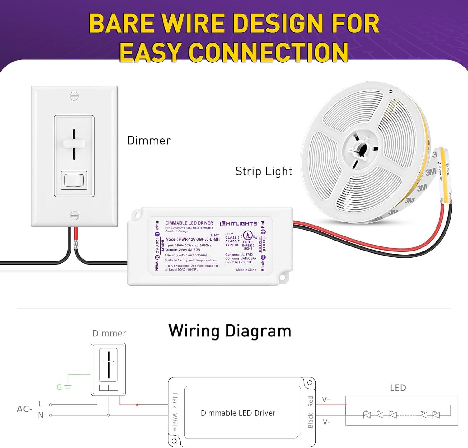 HitLights 60W Dimmable LED Driver, Electronic Transformer, 120V AC to 12V DC Power Supply for LED Strip Light, Low Voltage Lighting Project, Compatible with Lutron Leviton Dimmers, UL Listed, Class 2