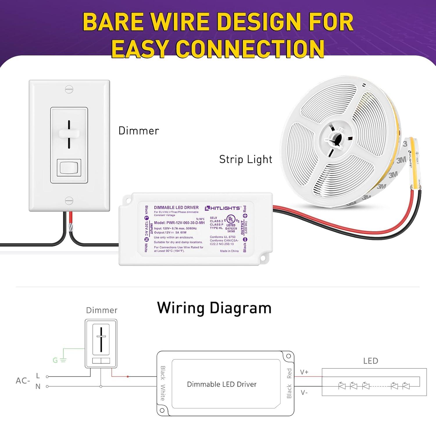HitLights 60W Dimmable LED Driver, Electronic Transformer, 120V AC to 12V DC Power Supply for LED Strip Light, Low Voltage Lighting Project, Compatible with Lutron Leviton Dimmers, UL Listed, Class 2