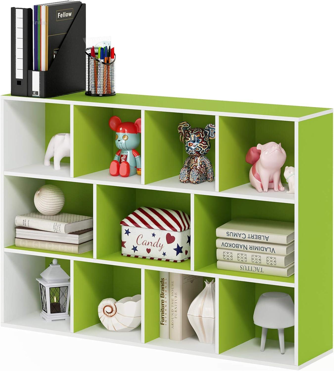 Contemporary White & Light Green Wood 11-Cube Kids Storage Shelf