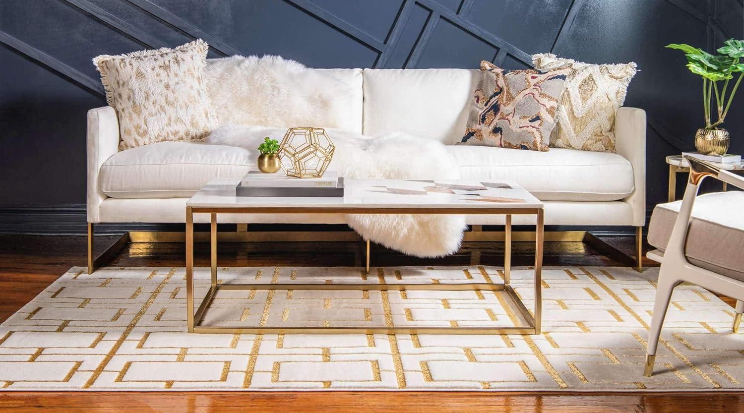 Rectangular White and Gold Geometric Stain-Resistant Area Rug