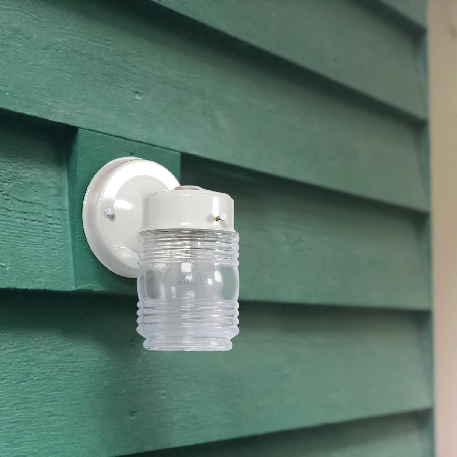 White Jelly Jar Ribbed Glass Outdoor Sconce