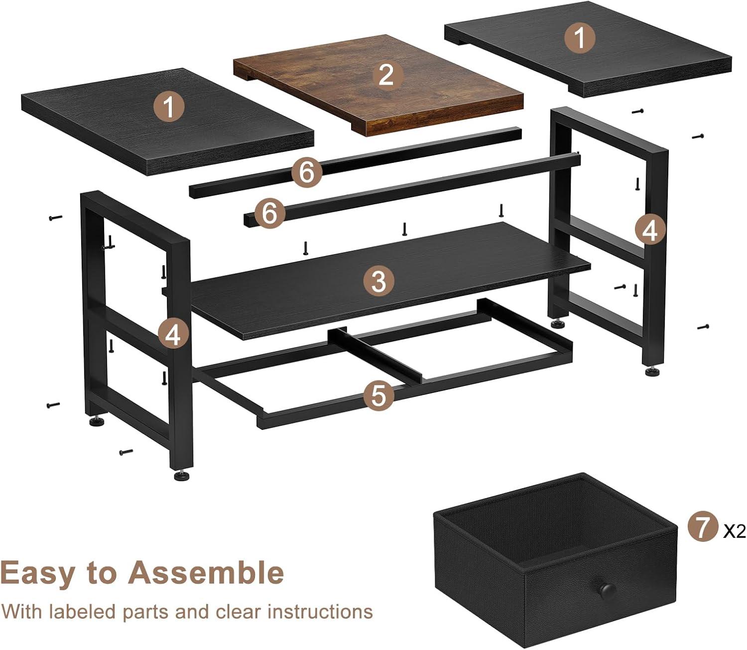 FABATO 2-Tier Coffee Table with Storage Shelf and 2 Drawers, 46'' Rectangular Center Table Wood Top for Living Room Reception Room, Metal Frame, Easy Assembly, Black