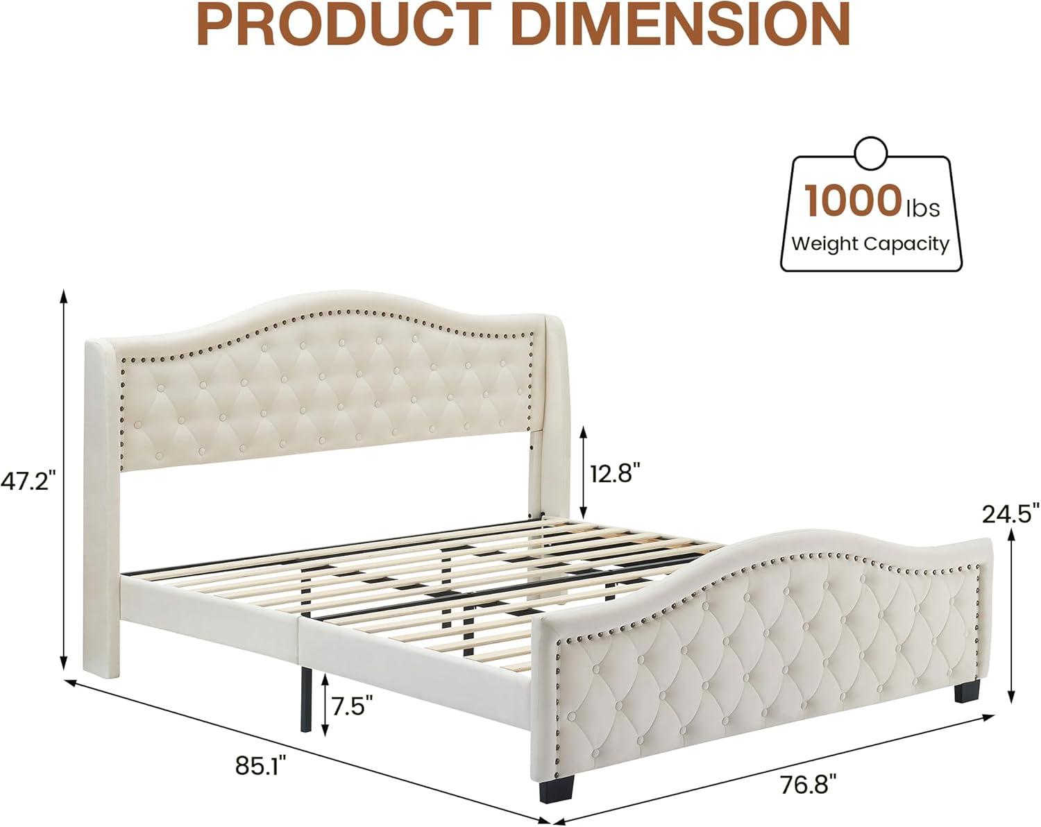 King Beige Velvet Upholstered Platform Bed with Tufted Headboard