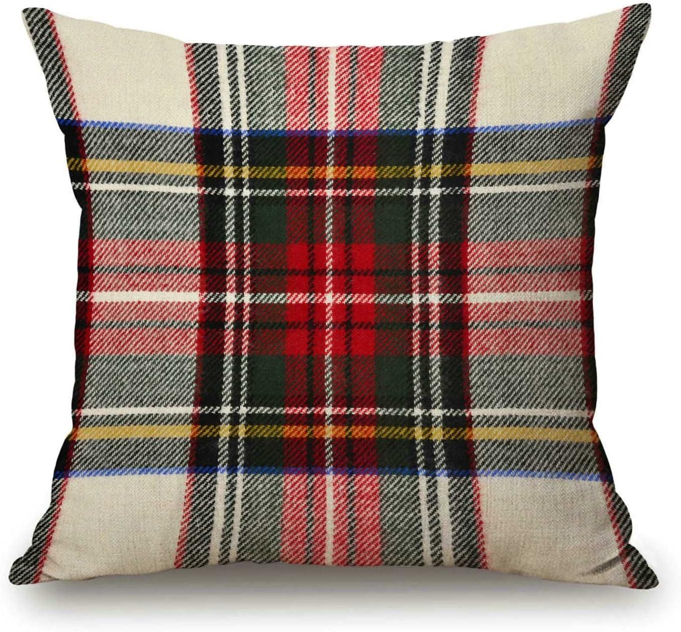 COMIO Plaid Pillow Cover Scottish Tartan Red and White Wool Plaid Pattern Symmetric Square Print Double Sided Decorative Pillow Case Throw Pillows Cover