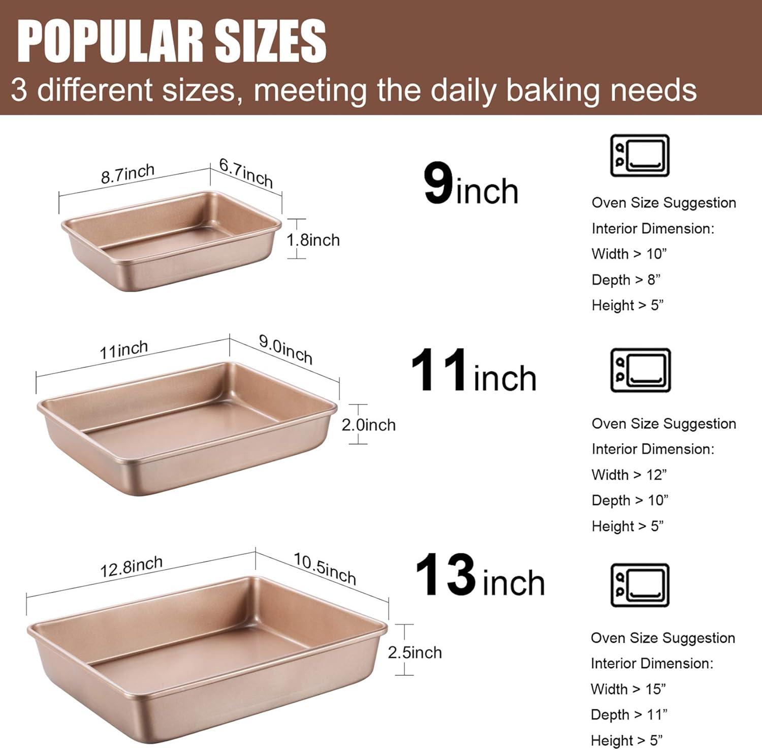 3-Pack Nonstick Bakeware Set, Baking Cookie Sheets, Heavy Duty Rectangular Deep-Dish Cake Pan for Oven (Gold)