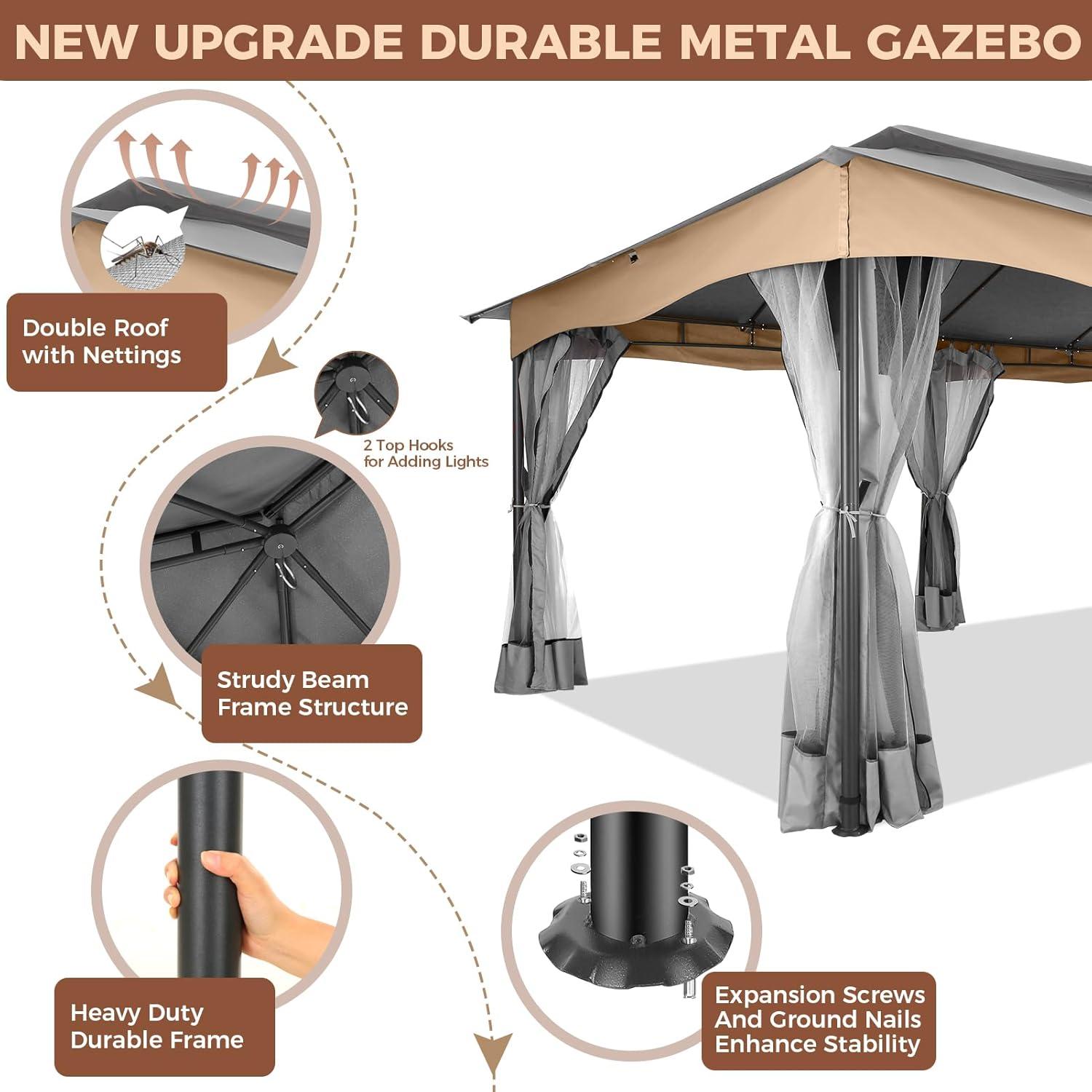 Hoteel 12X20 Heavy Duty Outdoor Patio Gazebo with Mosquito Netting and Curtains, Canopy Tent Deck Gazebo with Double Roofs and Metal Steel Frame for Party, Backyard, Deck, Garden, Gray