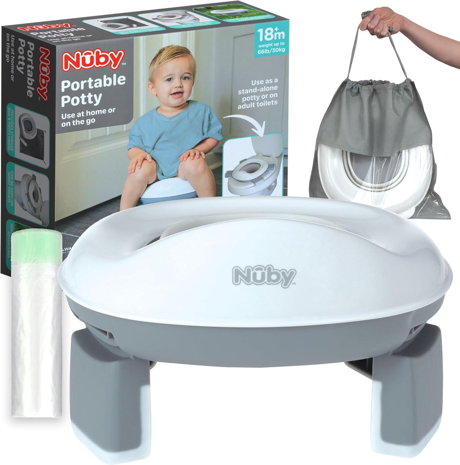 Nuby Portable Potty and Toilet Training Seat with Disposable Bags and Travel Bag, Gray/White
