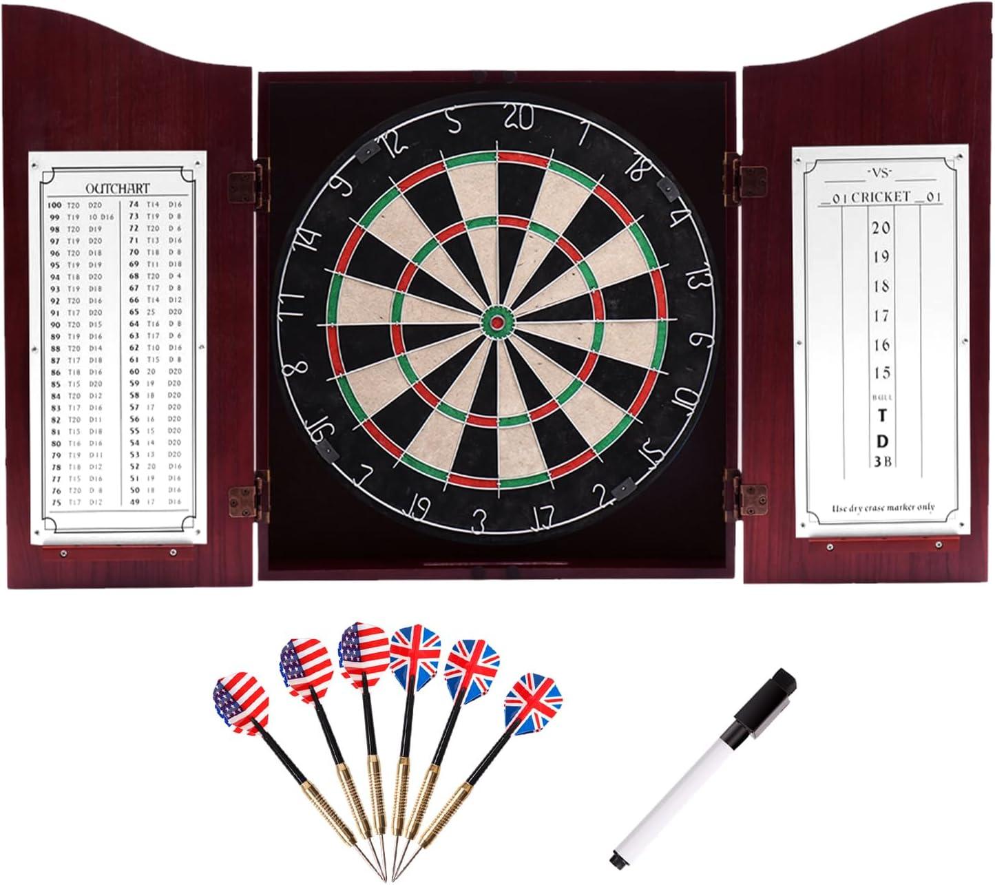 GSE Games & Sports Expert Deluxe Solid Wood Classic Dartboard Cabinet Set with Sisal Fiber Dartboard, Dart Scoreboard and 6 Steel Tip Darts for Target Game Indoor Game (Dark Cherry)