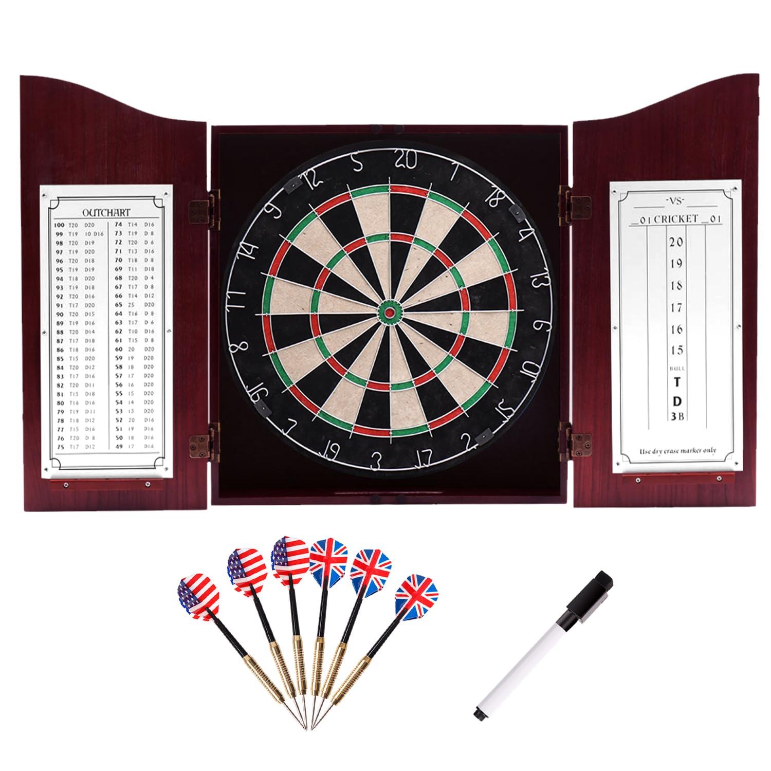 GSE Games & Sports Expert Deluxe Solid Wood Classic Dartboard Cabinet Set with Sisal Fiber Dartboard, Dart Scoreboard and 6 Steel Tip Darts for Target Game Indoor Game (Dark Cherry)