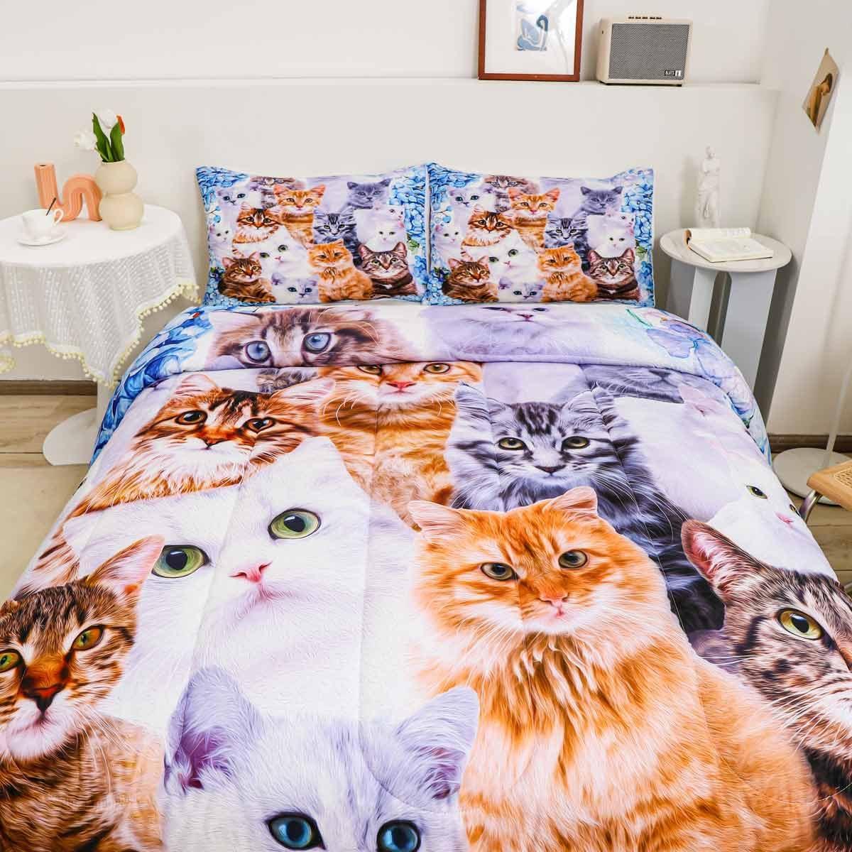 Kids Cute Cat Bedding Set Cartoon Pet Cats Bed Sheets for Children Boys Girls Cute Kitten Print Bed Sheet Set Cat Lover's Animal Themed Design Fitted Sheet Bedroom Collection 3Pcs Queen Size