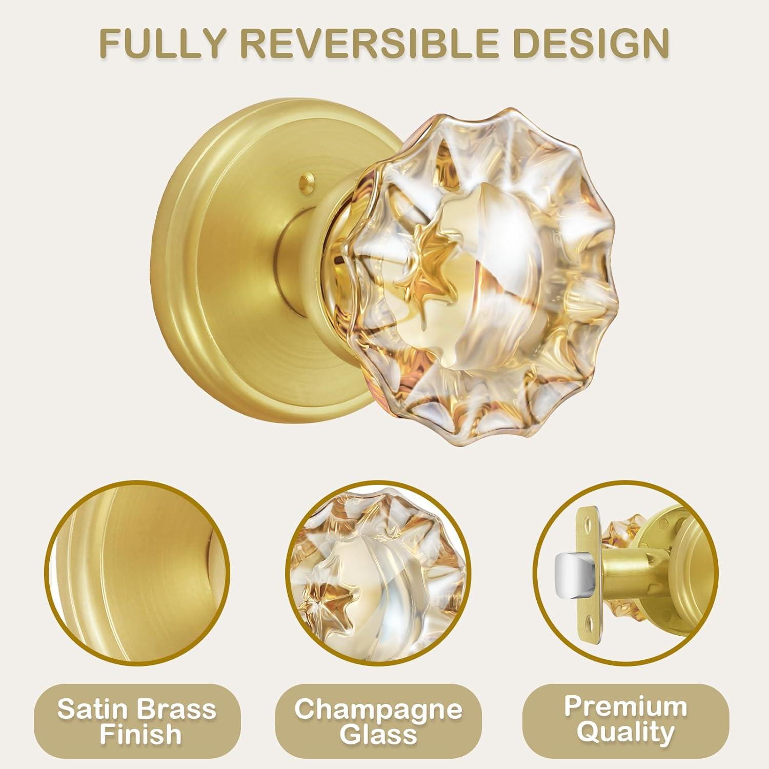 Champagne Glass Door Knobs,Privacy Crystal Door Knobs Interior Satin Brass/Brushed Gold Door Knob with Lock