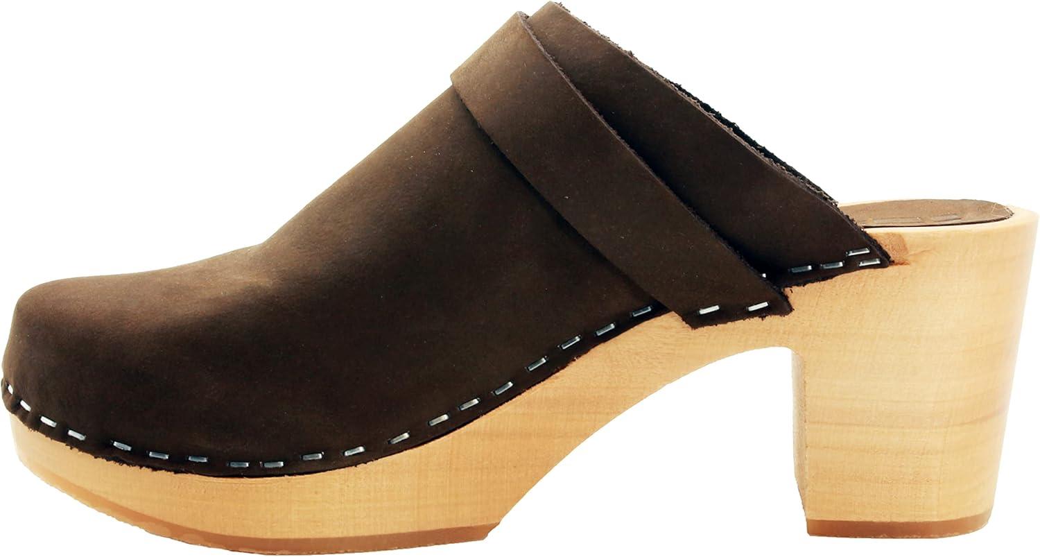 Brown Genuine Leather Mid-Heel Wooden Clogs