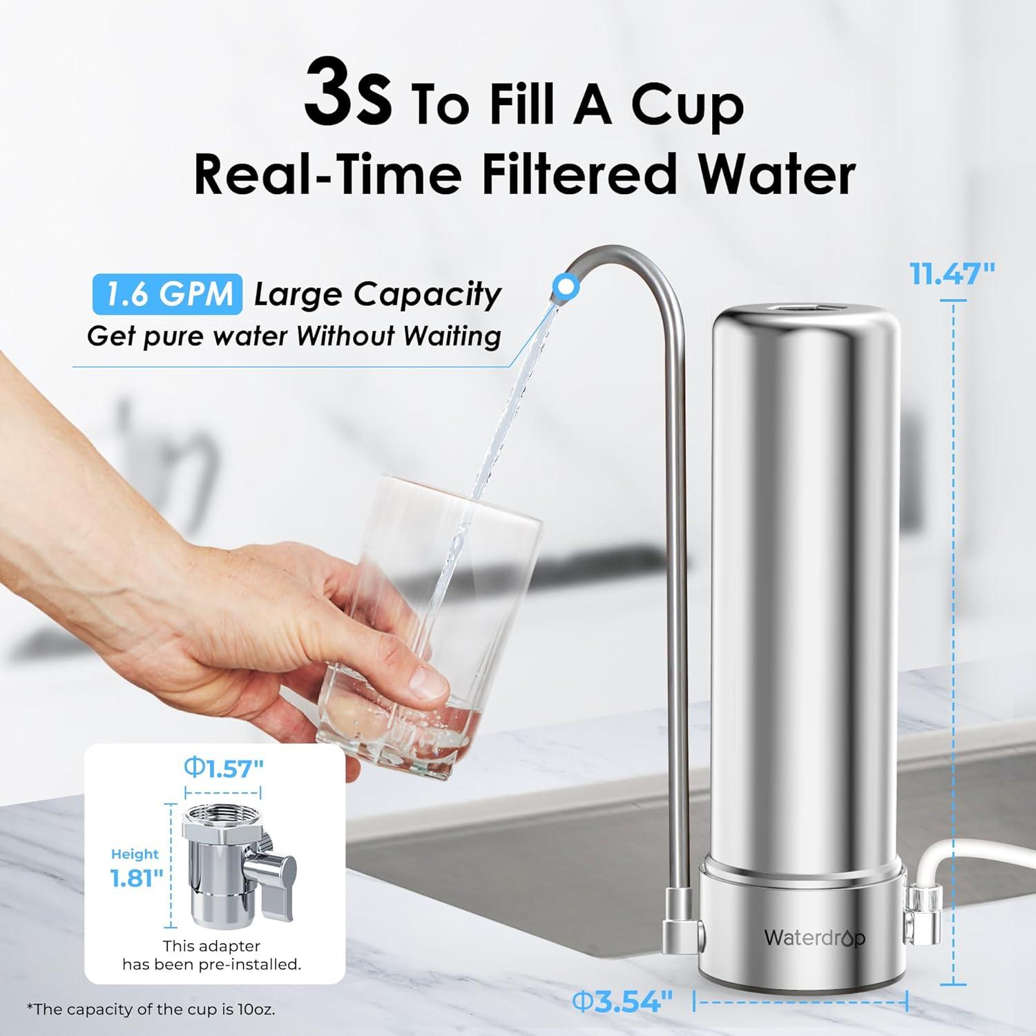 Waterdrop Countertop Water Filter, NSF/ANSI 42&372 Certified,5-Stage Stainless Steel Faucet Water Filter for 8000 Gallons, Reduces Heavy Metals, Bad Odor and 99% Chlorine,WD-CTF-01(1 Filter Included)