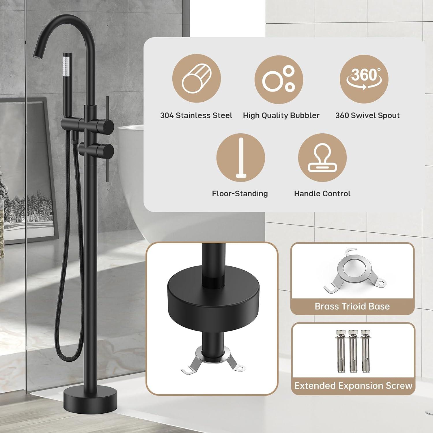 Matte Black Freestanding Bathtub Faucet with Handheld Shower