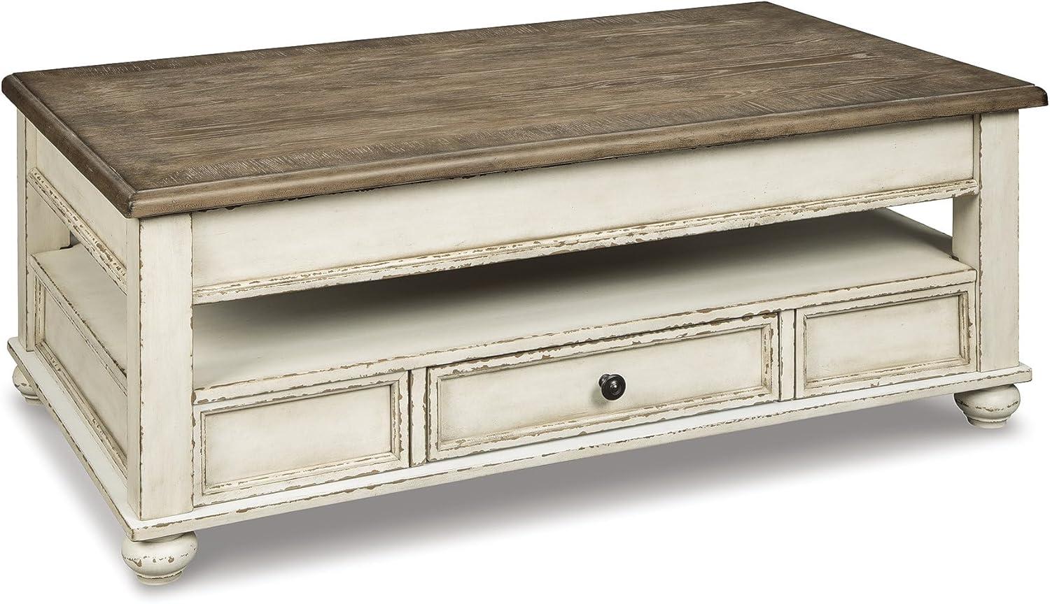 Realyn Coffee Table with Lift Top White/Brown - Signature Design by Ashley: Mid-Century Style, Storage, Wood Legs