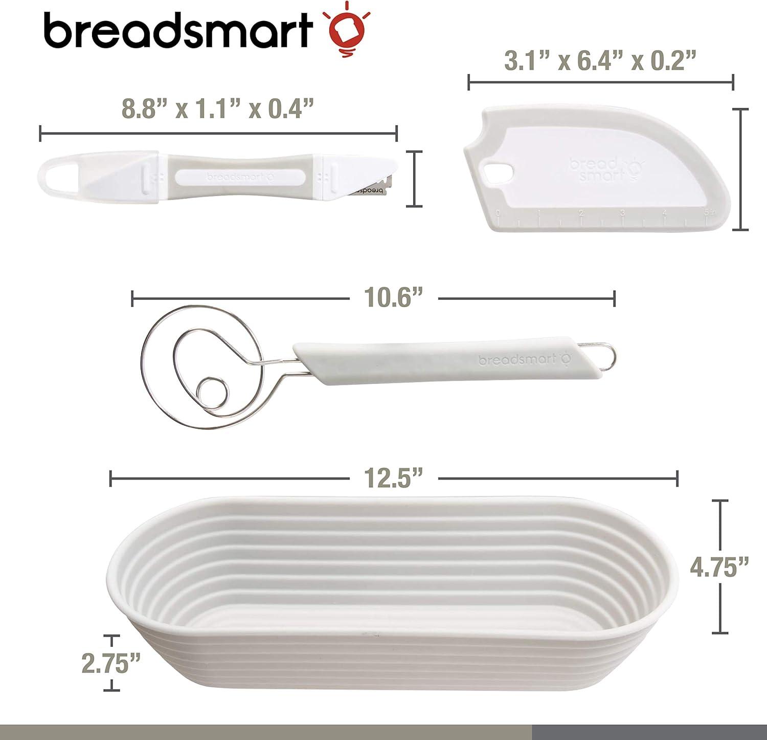 Breadsmart Artisan Bread Making Kit - 5 PC Baking Supplies Set - Lame, Scraper, Whisk, Proofing Basket & Cotton Liner - Gray