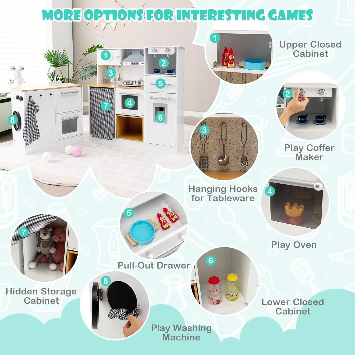 HONEY JOY Kids Kitchen Playset, 2-Piece Modular Wooden Corner Toy Kitchen Set/Washing Machine & Sink, Coffee Maker, Range Hood & Stove, Stool, Little Chef Pretend Play Kitchen for Toddlers, Natural