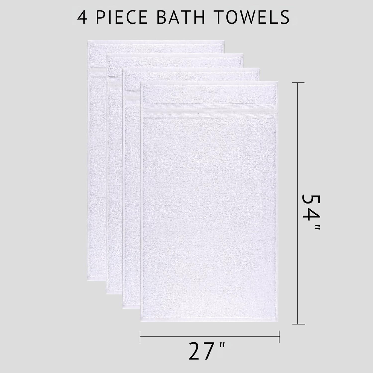 All Design White Bath Towels 27" x 54" Quick-Dry High Absorbent 100% Turkish Cotton Towel for Bathroom, Guests, Pool, Gym, Camp, Travel, Airbnb, College Dorm (White, 4 Pack Bath Towel)