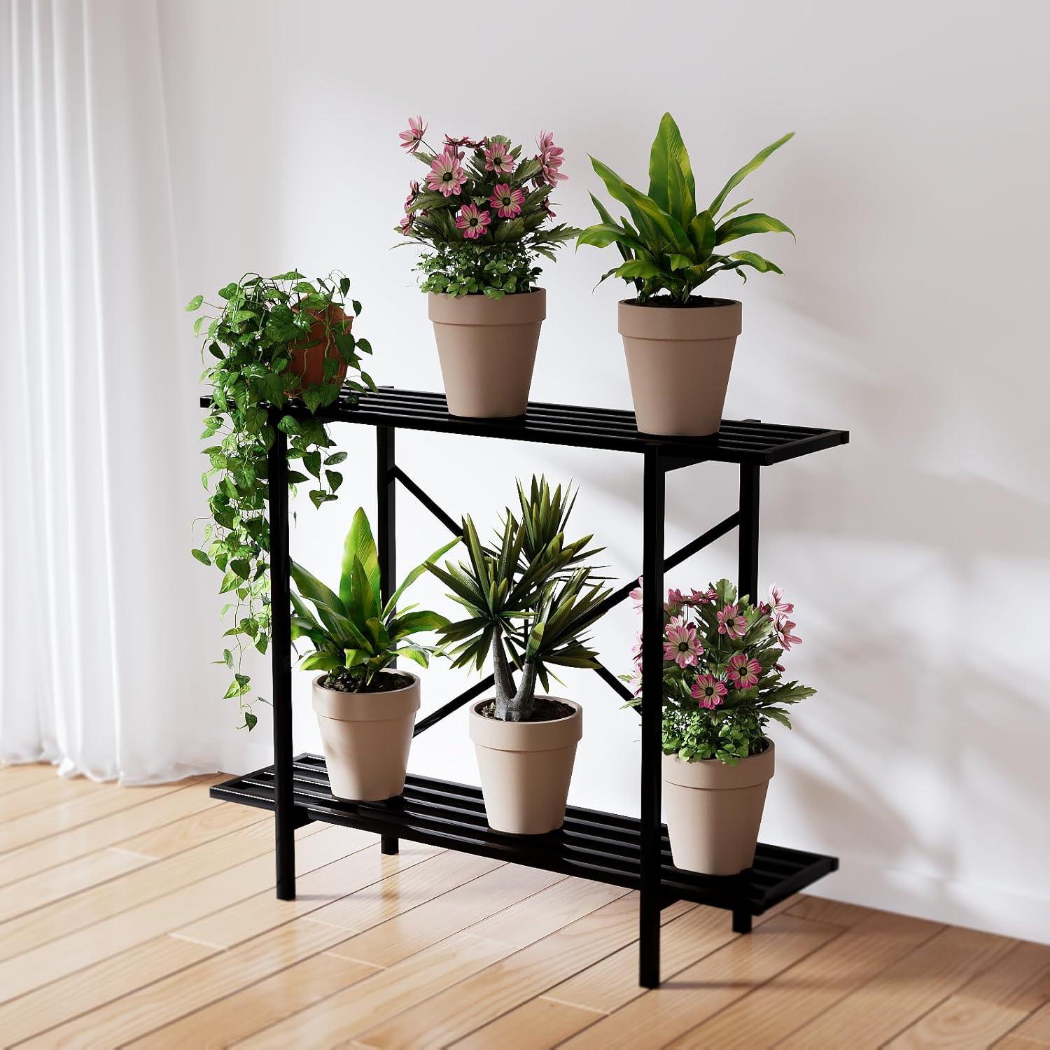 2 Tier Metal Sturdy Heavy Plant Stand, Narrow Plant Stand Indoor and Outdoor, L35.43 x W10.3 x H27.5 inch, 440 LBS Capacity & Heavy Duty Construction