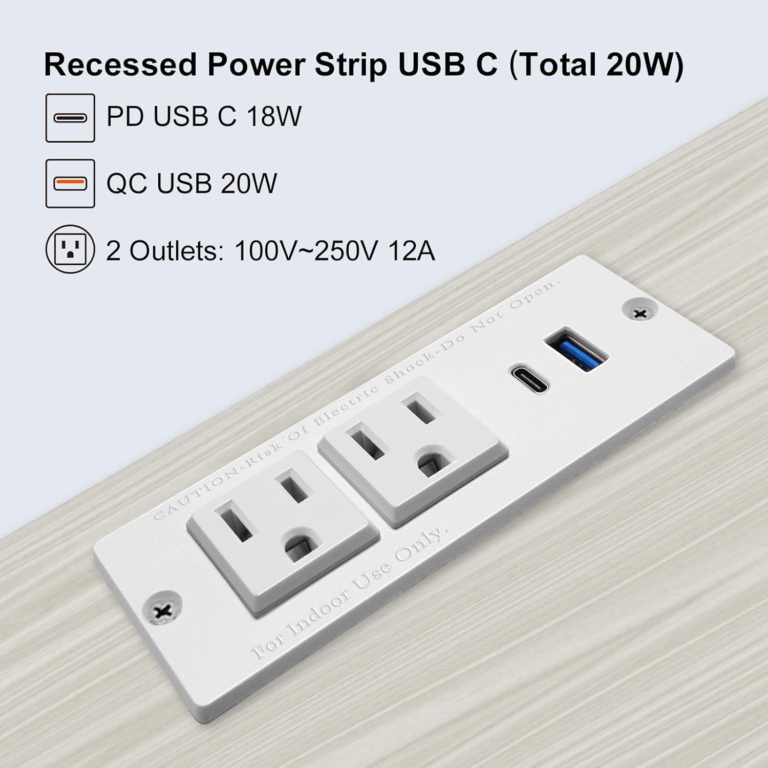 USB C Desk Recessed Power Strip Fast Charge Desktop Power Station 2 Outlets 2 USB (Total 20W) Mountable Flat Plug Extension Cord Mount for Tabletop Sofa Cabinet Nightstand