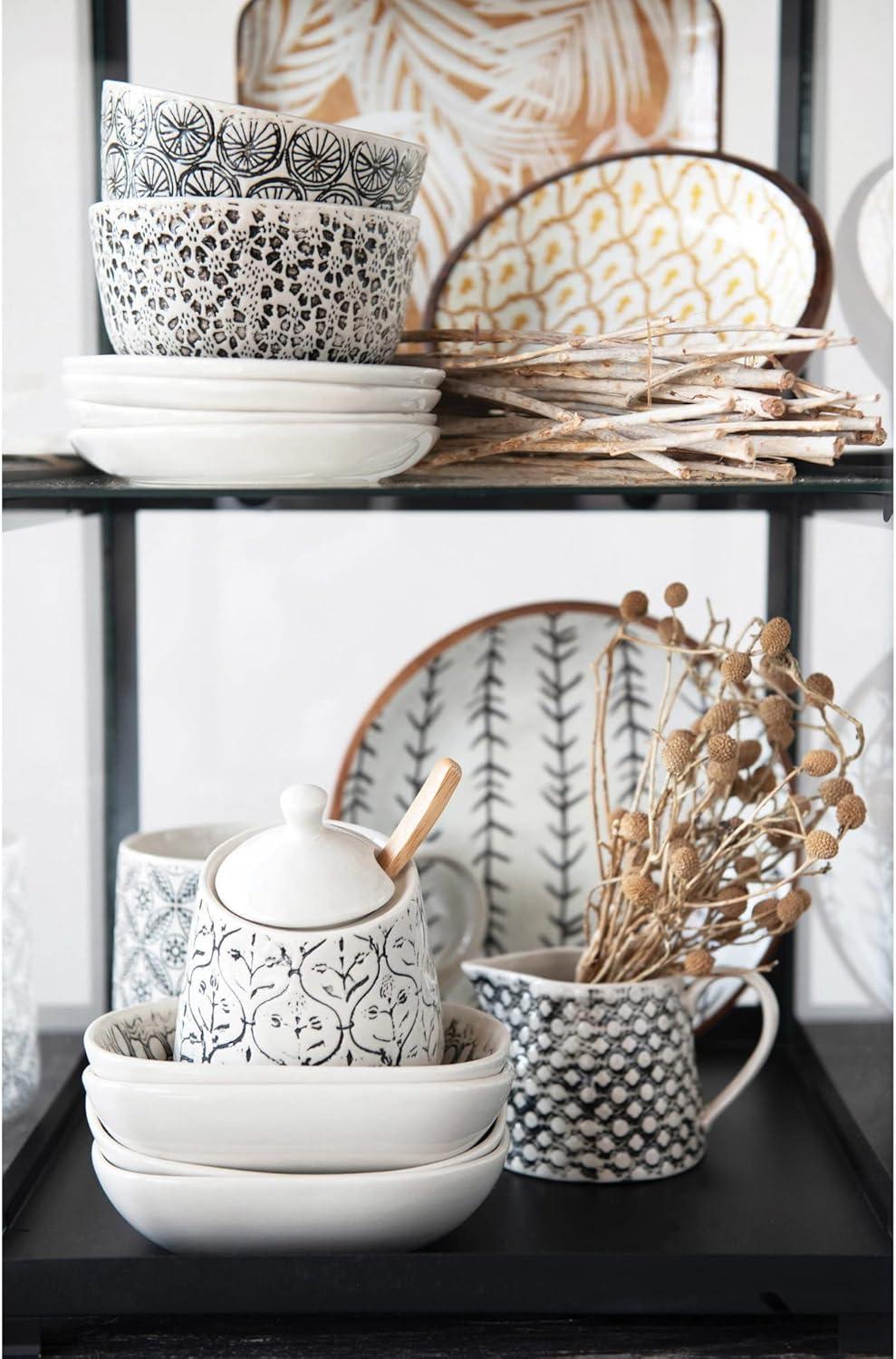 Creative Co-Op Hand-Stamped Stoneware Bowl with Embossed Pattern, Black and Cream Color, 4 Styles