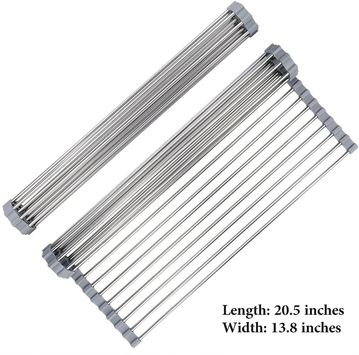Roll Up Dish Drying Rack 20.5"(L) x 13.8"(W) - Stainless Steel and Silicone Dish Drying Mat Over The Sink Foldable Drain Rack Multipurpose Dish Drainer Extra Large, Gray